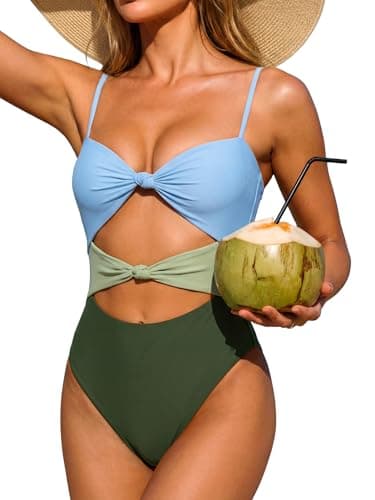ANRABESS Women One Piece Swimsuits Tummy Control Bathing Suit Twist Cutout Adjustable Straps Swimwear Beach Vacation Clothes Green Color Block X-Large - Image 1