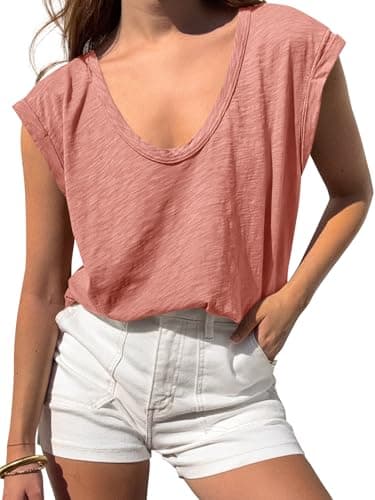 BTFBM Womens Tops Going Out Casual Oversized Summer Basic Tees 2026 V Neck T Shirts Trendy Blouse(Grey Pink,Large) - Image 1