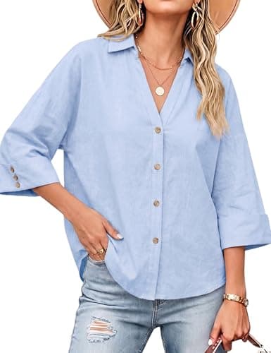Watashi Women Oversized Button Down Shirt 3/4 Sleeve Summer Blouse(Blue-S) - Image 1