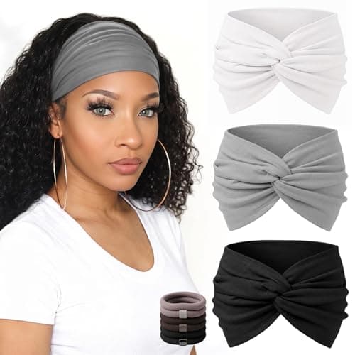 WENNKINN 7-Inch Wide Headbands for Women – 3 Pack Soft Thick Turban Hair Bands, Bandana-Style Head Wraps for Workout Yoga Sleep, Fashion Accessories with 6 Pcs Hair Ties-Ash, White, Black - Image 1