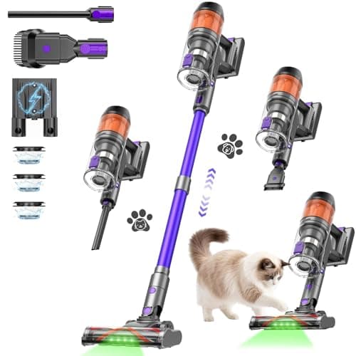 Cordless Vacuum Cleaner, 500W 40KPa 60Mins Vacuum Cleaners for Home, Powerful Stick Vacuum With Green Light, Anti-tangle Wireless Vacumm, Rechargeable Vacuum for Pet Hair/Carpet/Hardwood Floor, Purple