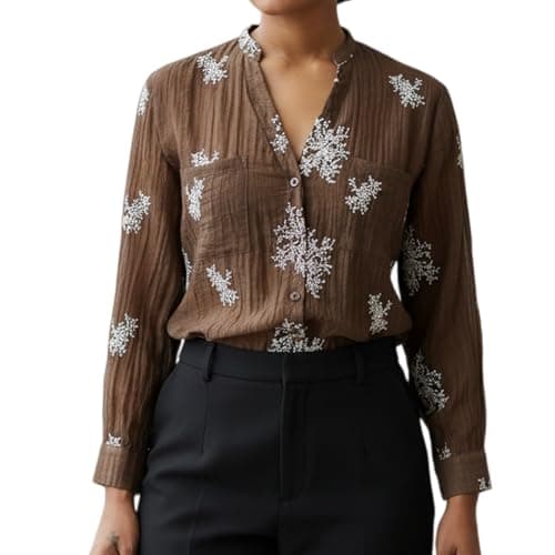Women's Long Sleeve Roll Up V Neck Button Down Embroidered See Through Lightweight Coffee Chocolate Tunic Casual Summer Spring Shirts Boho Cotton Crinkle Gauze Blouse Sheer Floral Shirt X-Large XL - Image 1