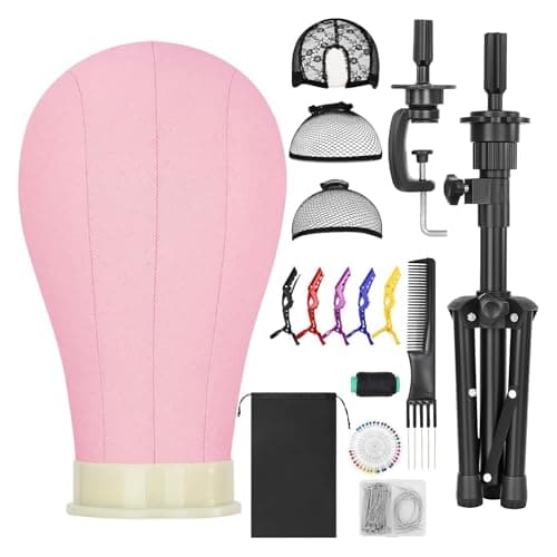 Yekavo 22 Inch Wig Head Mannequin Head for Wigs, Wig Stand Tripod with Head, Pink Canvas Block Mannequin Head for Hair Styling Practice Display with Wig Caps, T C Pins - Image 1