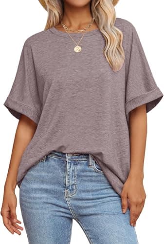 GKBK Womens Oversized T Shirts Crew Neck Short Sleeve Tops Spring Summer Business Dressy Casual Loose Fit Workout Work Basic Tee Shirt 2026 Plus Size Vacation Trendy Clothes Outfit Gray Purple XL - Image 1