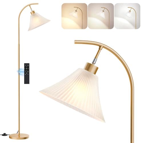 SIBRILLE Gold Floor Lamp with Remote, Dimmable Glass Arc Standing Lamp, Ribbed Frosted Glass Shade, 3 Color Temperatures, Foot Switch, 9W LED Bulb for Living Room Bedroom Office - Image 1