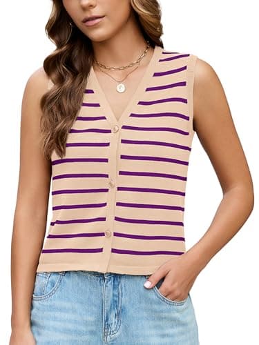 KORSIS Women Vest Tops Apricot Purple Striped Large Button up Summer Fall Outfits Fashion Casual Shirts Coat Knit Cardigan jacket Work Clothes - Image 1