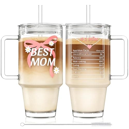 KEMORELA Birthday Gifts for Mom 24oz Glass Tumbler with Handle and Leak-Proof Lid, 1PCS Cute Best Mom Print Glass Cup for Iced Coffee, Tea, Smoothies, Perfect Mothers day gifts from Daughter, Son