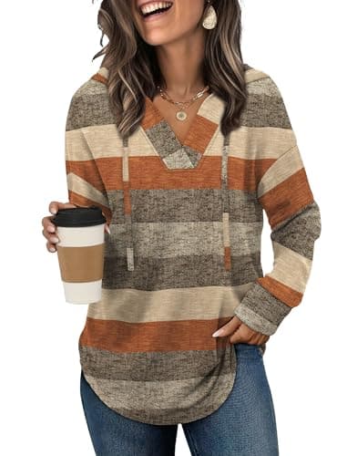 Sampeel Sweaters for Women Winter Clothing Thanksgiving Shirts Fashion Outfit V Neck Lightweight Hoodies Casual Trendy Sweatshirts Coffee Striped S - Image 1