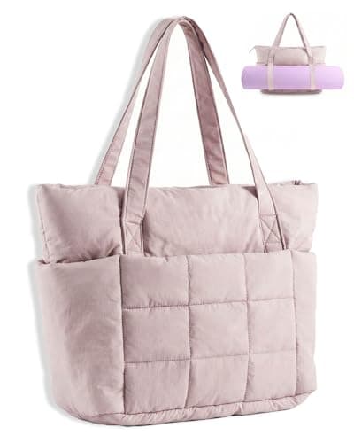 U+U Puffer Tote Bag for Women, Quilted Work Handbag with Compartments, Lightweight Puffy Shoulder Bag with Yoga Mat Strap for Daily, Travel, and Gym (Dirty Pink) - Image 1
