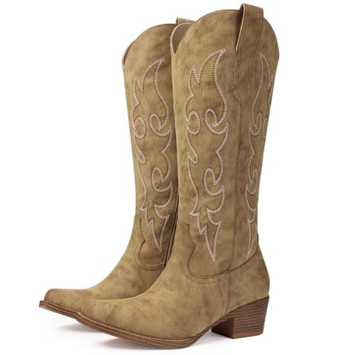 Quorvash Women's Wide Calf Cowboy Boots - Snip Toe Western Cowgirl Boots, Faux Leather Chunky Knee High Boots for Country Concerts & Nashville Outfits Tan Size 9 - Image 1