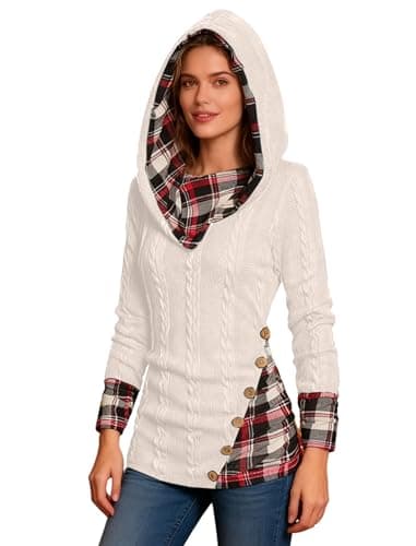 ZEZCLO Women's Twisted Cable Knit Plaid Print Hooded Sweater Mock Button Ruched Shawl Neck Knit Top Light Coffee S - Image 1
