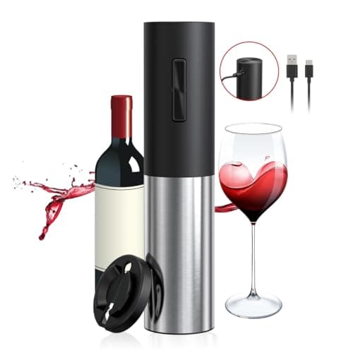Electric Wine Opener Rechargeable, Automatic Wine Bottle Openers with Foil Cutter and USB Cable, Gift Wine Corkscrew for Home Kitchen Party Bar - Stainless Steel, One-click Button - Image 1