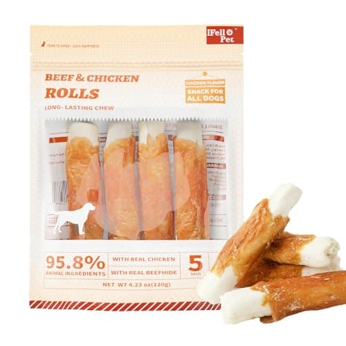 IFELLO PET Dog Treats Chews, Chicken Wrapped Rawhide Sticks - Dog Snacks, High Protein, Free Grain & for Medium Large Dogs, 4.23 oz(4 Count)