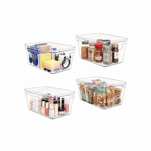 MOONEDGE Small Clear Plastic Storage Bins with Lids and Handles,Stackable Small Item Organizer Containers for Vanity,Craft,Office,Fridge,Kitchen,Pantry,Bathroom,Closet - 4 Pack (10×6×5 in) - Image 1