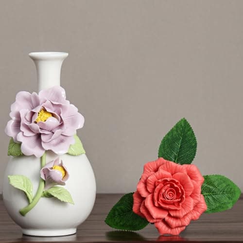 Handmade Pinched Flowers Ceramic Vase with One Ceramic Rose Flower, Home Decor Ceramic Vase for Dining Table, Living Room, Kitchen, Bedroom, Shelf, Office, Coffee Table, Restaurant & Fireplace Mantel