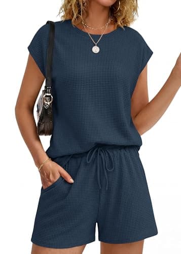 KIRUNDO Two Piece Sets For Women Summer 2026 Cap Sleeve Short Set Waffle Knit Matching Lounge Drawstring Vacation Outfits(Navy Blue, Large) - Image 1