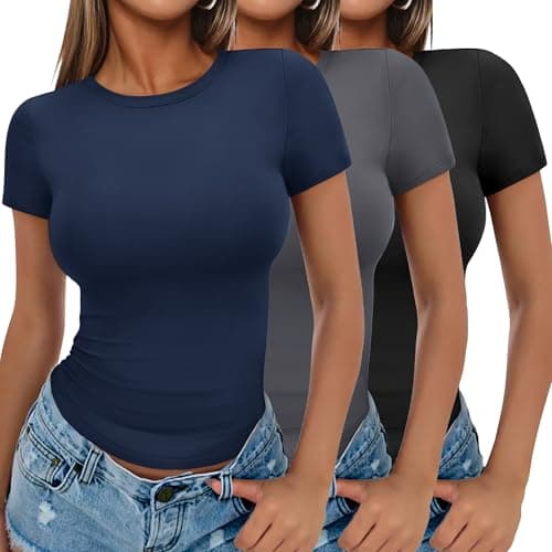 Ekouaer Womens Short Sleeve Shirts Summer Casual Basic Tees Slim Fit Tops Black/Dark Gray/Navy Blue XL - Image 1