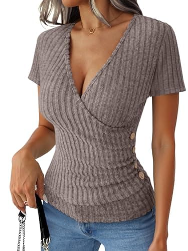 ANRABESS Women Long Sleeve V Neck Shirts,Cool Ash Brown,S - Image 1
