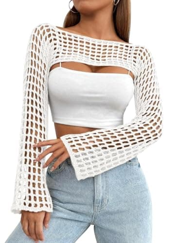 Mincib Womens Crochet Shrug Y2K Hollow Out Bolero Shrug See Through Cropped Knit Sweater Top(White,M) - Image 1