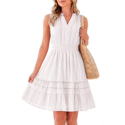 Modelshow Summer Dresses for Women 2026 Casual Mini Sundress V Neck Sleeveless A Line Flowy Boho Beach Dress with Pockets White - Image 1