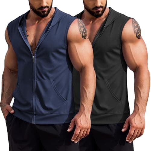 COOFANDY Men Workout Tank Top 2 Pack Workout Sleeveless Shirts for Men Cut Off Hoodie Workout Shirts Black and Navy Blue M - Image 1