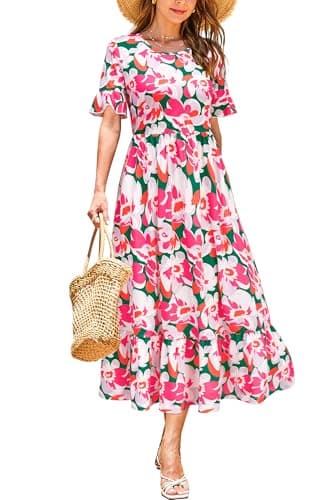 STYLEWORD Women's 2026 Summer Casual Short Sleeve Midi Flowy Boho Dress Beach Vacation Hawaiian Sundress(Green Rose Floral,S) - Image 1