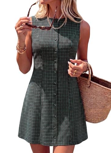BTFBM Summer Dresses for Women 2026 Plaid Sleeveless Zip Up A Line Mini Dress Business Casual Vacation Gingham Sundress(Dusty Blue, X-Large) - Image 1