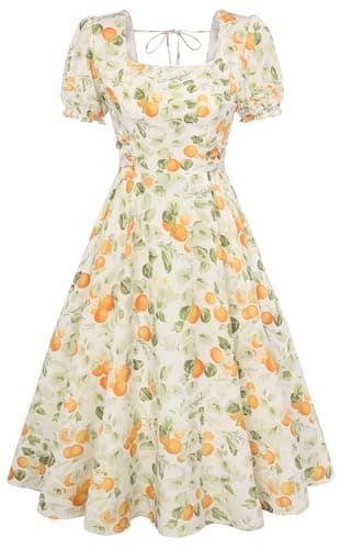Belle Poque Apricot Floral Milkmaid Cocktail Party Wedding Guest Dress 2026 Summer Short Puff Sleeve Midi Sundress M - Image 1