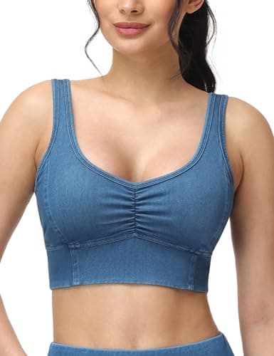 THE GYM PEOPLE Women's Denim Scrunch Crop Tops V Neck Longline Casual Bra Padded Jean Cami with U-Back - Image 1