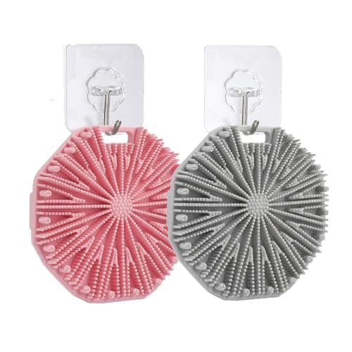 2Pcs Silicone Body Scrubber,Exfoliating Body Scrubbers for use in Shower,Silicone Body Brush for Showering and Anti-Slippery Handles for All Skin Types,Eco Friendly Shower Scrubber for Body(Pink+Grey) - Image 1