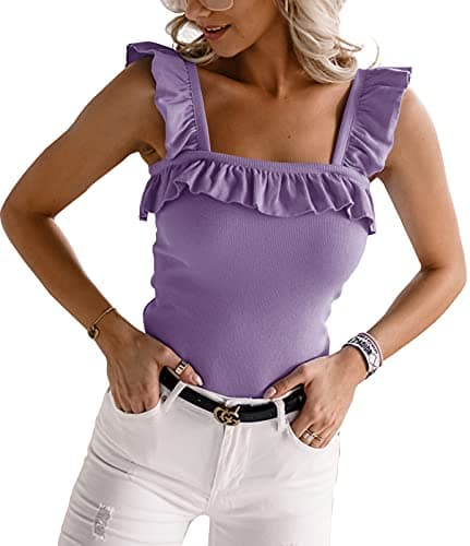 CNJFJ Womens Cute Sleeveless Tank Tops Ruffle Strap Square Neck Blouse Solid Color Knitted Camisole - Image 1