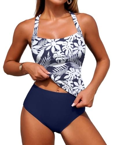 ZAFUL Tankini Swimsuits for Women Bathing Suits Ruched Full Coverage Slimming Two Piece Tummy Control Swim Suits White Blue Flower M - Image 1