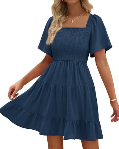 BTFBM Womens Summer Smocked Mini Dress Spring Square Neck Flutter Sleeve Casual Ruffle Swing Boho Beach Dresses Pockets(Dark Blue, XX-Large) - Image 1