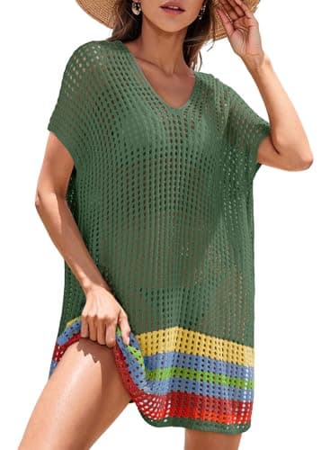 Dokotoo Women Swimwear Beach Bikini Swimsuit Cover-ups Resort Wear Short Sleeve Cruise Outfits Crochet Striped Side Split Dress Vacation Outfits Oversized,Blackish Green Medium - Image 1