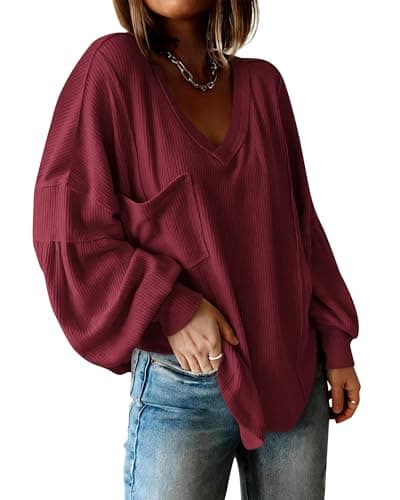 BTFBM Womens Fall Fashion 2026 Long Sleeve Shirts Casual V Neck Ribbed Knit Blouses Pullover Trendy Loose Fit Tunic Tops(Solid Wine Red, Small) - Image 1