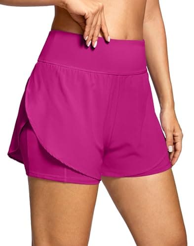 Soothfeel Women's 2 in 1 Running Shorts - High Waisted Lightweight Athletic Workout Gym Yoga Shorts Spandex Liner with Pockets Rose M - Image 1