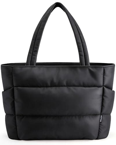 HOTOR Puffer Tote Bag for Women, Nurses - Multi-Pocket Lightweight Bag for Work - Quilted Handbag for Travel and Gym, Black, 18.1" x 6.3" x 11.8" - Image 1