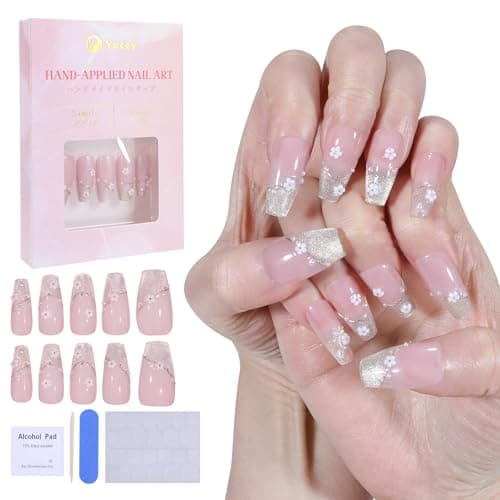 Yacey Handmade Press on Nails Medium Coffin, Reusable Soft Muti-Gel False Nails Press Ons, French Tip Thick Acrylic Fake Nails, 3D Artificial Bling Glossy Glue on Nails for Women Girls (10 Pcs, S) - Image 1