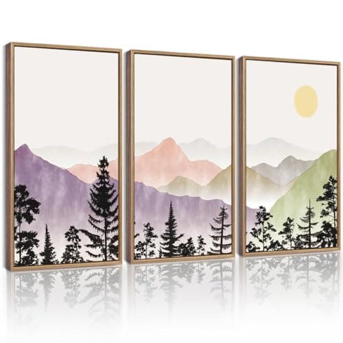 KUVIOKE Mountain Landscape Framed Wall Art Watercolor Nature Painting Boho Sun Rise Prints Farmhouse Rustic Home Decor Ready to Hang 16x24in (Natural Framed) - Image 1