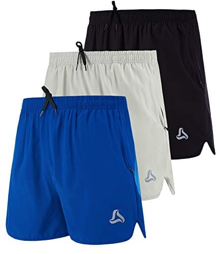 SILKWORLD Men's Running Short Stretch Quick Dry Workout Athletic Shorts with Zipper Pockets(Pack of 3), Black, Light Grey, Blue-New, X-Large - Image 1