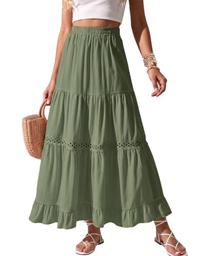 Zelroxa Long Cotton Skirts for Women Summer Boho Maxi Flowy Lace Crochet A Line Tiered Pleated High Waisted Beach Vacation Midi Linen Skirts 2026 Trendy Clothes Outfits ArmyGreen