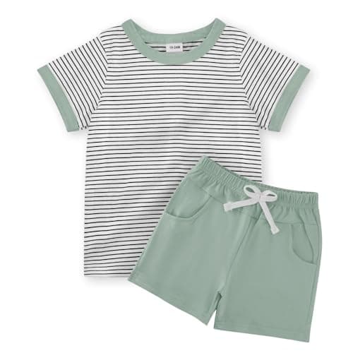 JiuBreeze Toddler Baby Boy Summer Outfit Striped Short Sleeve T-Shirt Shorts Set 2-Piece Boys Outfits Clothing Sizes 18M-5T (Green, 4-5T) - Image 1