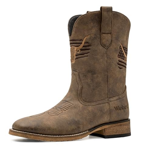 MacePhenoMelon Cowboy Boots For Men Square Toe Brown Western Men's Boots Vegan Leather Retro Pull On Country Short Boots DBR-8.5 - Image 1