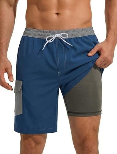 SILKWORLD Men Swimming Trunks Bathing Swim Suits 9 Inch Long Beach Water Shorts Cruise Beach Wear Navy Blue 2XL