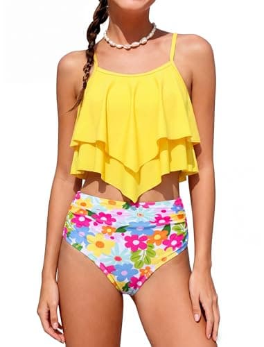 Tween Swimsuits 12-14 Bikini 2 Piece Bathing Suits Swimming Tiered Ruffle Yellow Hot Pink Floral Flower Teen Girls Traje De Baño para Niñas - Image 1