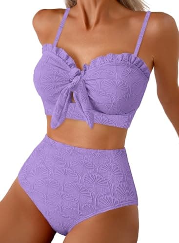 Herseas Women's Seashell Textured Bikini Sets Knotted Front Ruffle Swimsuits Full Coverage High Waisted Flattering Bathing Suits Teen Girls Purple Resort Essentials X-Large - Image 1