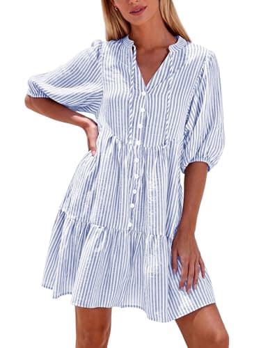 BTFBM Womens Summer Dresses 2026 Striped Mini Dress Half Sleeve Button Down Casual Flowy Beach Vacation Outfits Pockets(Light Blue, Small) - Image 1