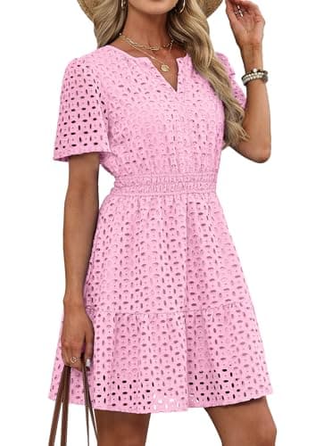 RUMIA Eyelet Dress for Women 2026 Casual V Neck A Line Mini Dress Pink XLarge - Image 1