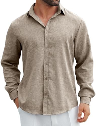 MAPICK Mens Linen Button Down Shirts Casual Wedding Guest Shirts Beach Long Sleeve Holiday Shirts(Dark Khaki,Small) - Image 1