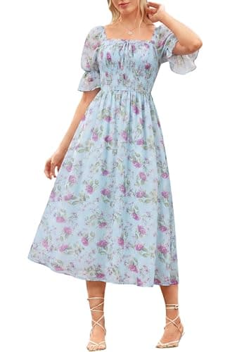 Scarlet Darkness 2026 Summer Floral Dress for Women Cottagecore Smocked Midi Dresses Blue Pink Floral L - Image 1